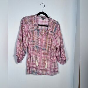 Sharagano Pink Plaid Peasant Top with Tassel Tie Elastic 3/4 Sleeves EXC